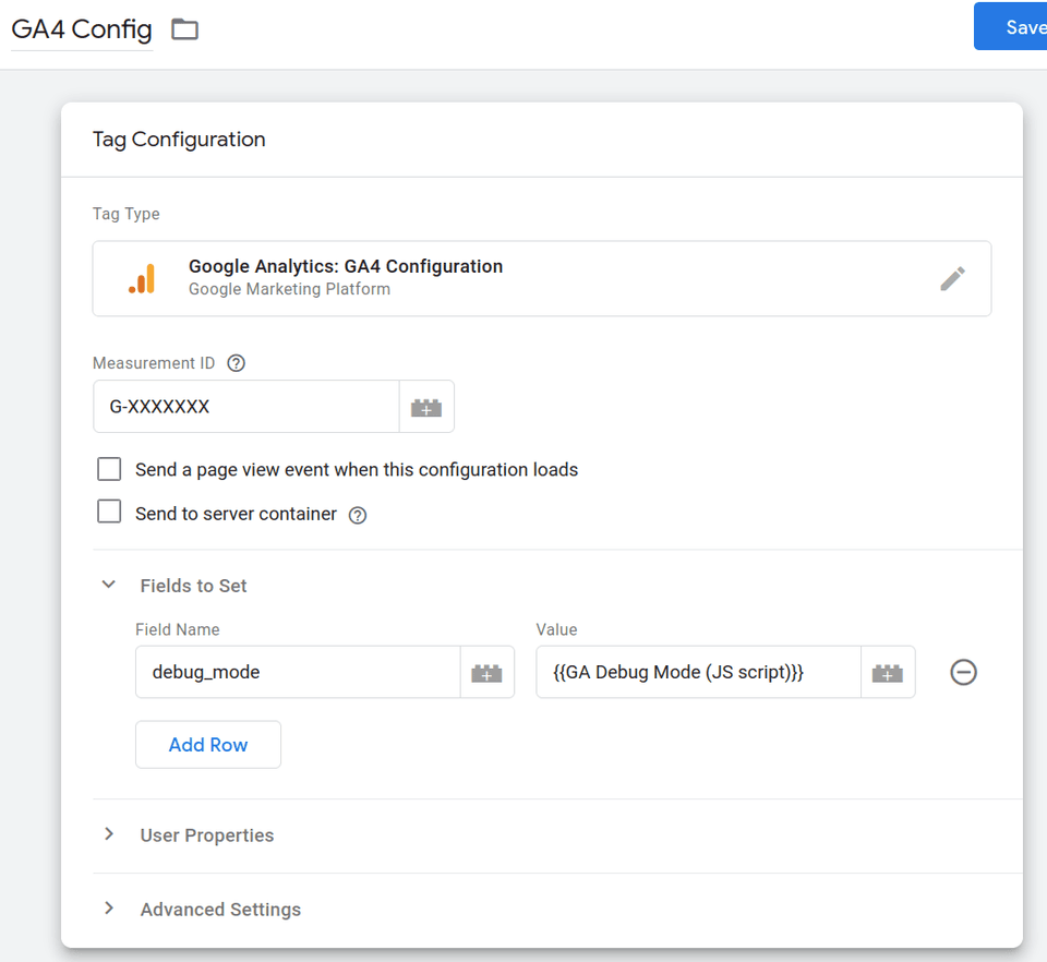 CA4 Config Tag with Debug Mode Tag Field